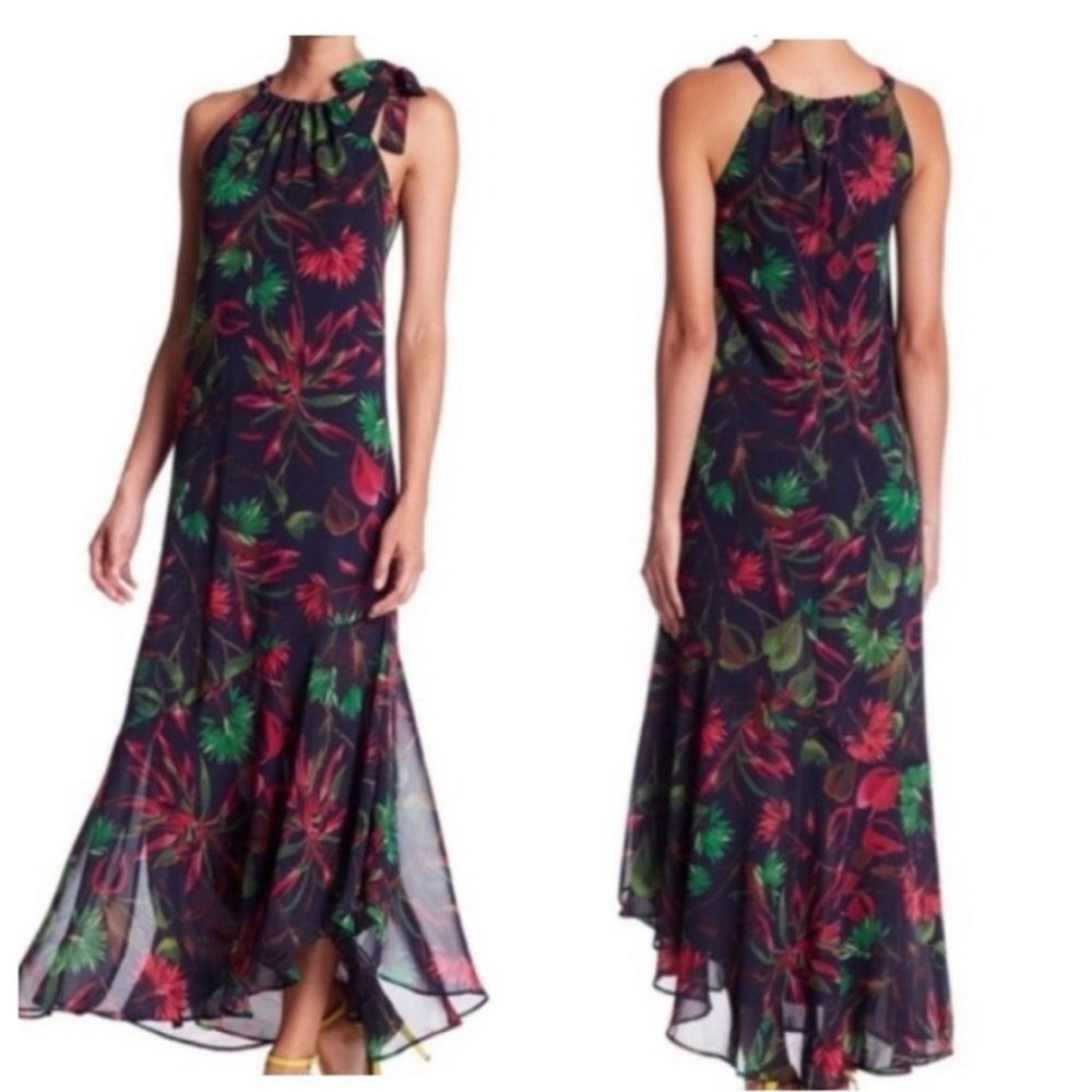 Just Taylor Navy Halter Maxi Dress with Floral Tropical Vacation Print - Size 6